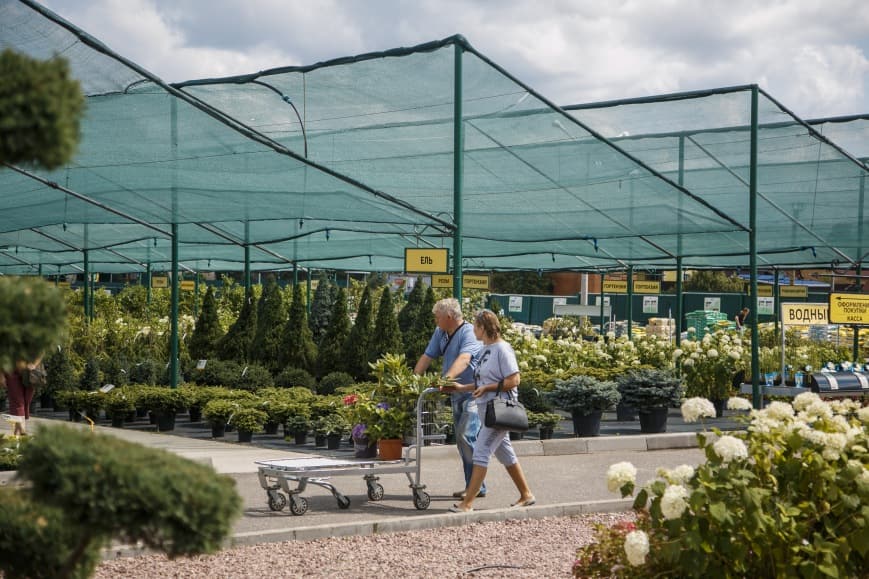 Покупатели с полной тележкой растений.