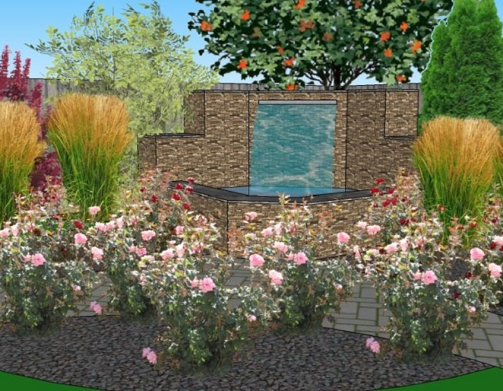 Елена Ведерникова – проект «Европейский дворик» – садовый центр «Южный» водопад вид спереди