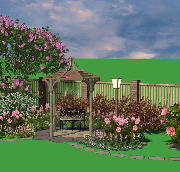 Ландшафтная композиция с пионами вдоль забора с МАФ